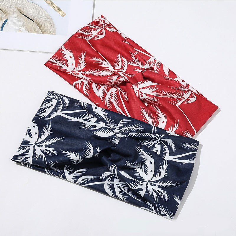 Women Cross Knot Hair Bands Headwrap Hair Ribbon Coconut Tree Print Wide Headbands Elastic Turban Headpiece Hair Accessories