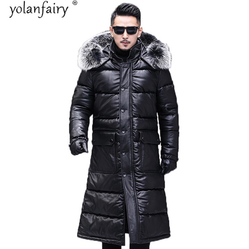 YOLANFAIRY Men's Down Jackets Winter Long Leather Jacket for Men Natural Fur Genuine Cowhide Male Coat Veste Homme DS576 TN8