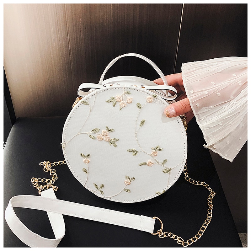 Hot Sale Sweet Lace Round Handbags High Quality PU Leather Women Crossbody Bags Female Small Fresh Flower Chain Shoulder Bags