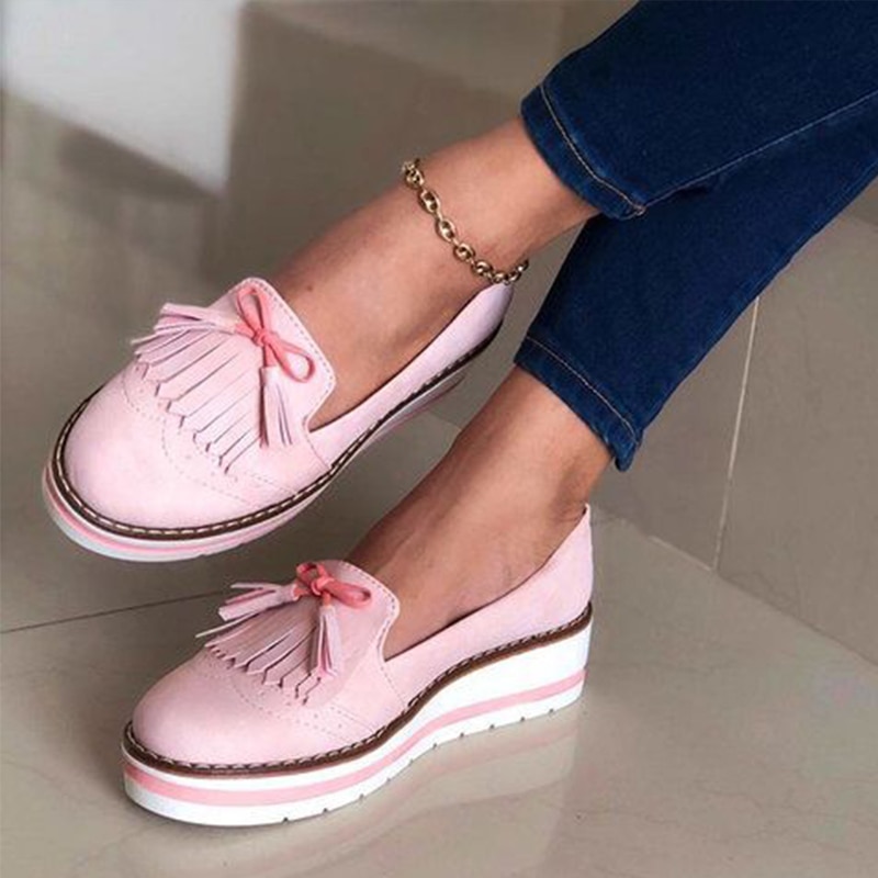 Women Tassel Bowtie Loafers Woman Slip On Sneakers Ladies Soft PU Leather Sewing Flat Platform Female Shoes All Seasons 2020 New