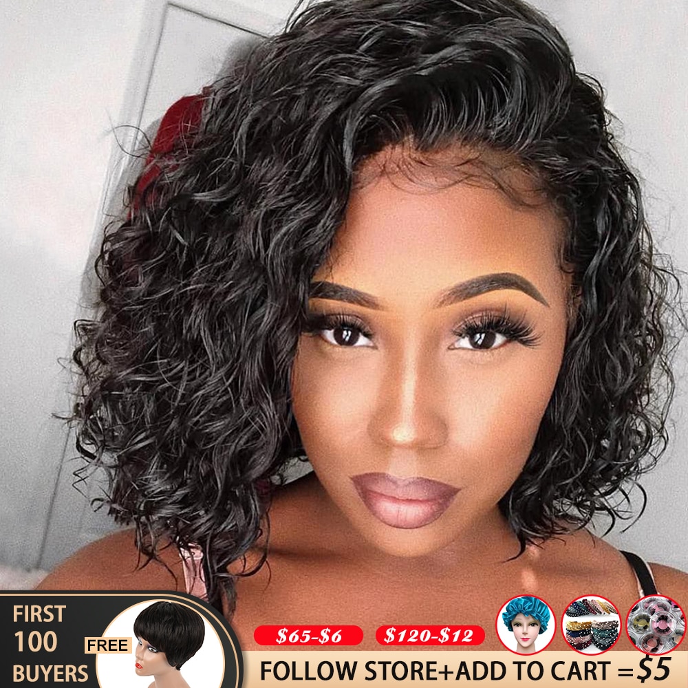 Short Bob Wig Water Wave Lace Front Human Hair Wigs 13x4 Brazilian Bob Lace Front Wigs Pixie Cut Bob Curly Human Hair Wig