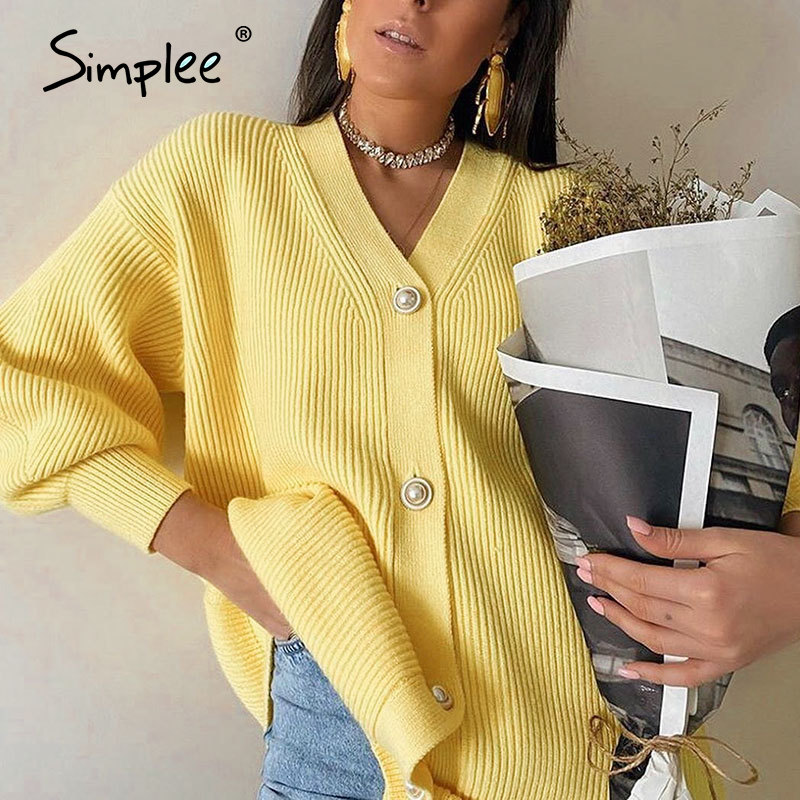 Simplee Casual long knitted cardigan women autumn winter yellow cardigan lantern sleeve loose female button knitwear sweaters