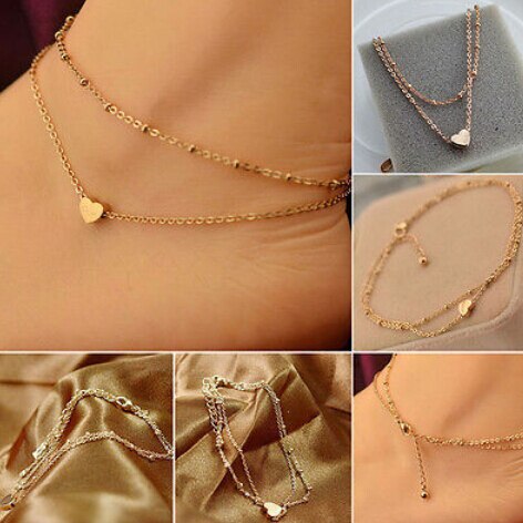 Love Heart Ankle Bracelet Double Layer Chain Women Foot Jewelry Chain Anklets Fashion Romantic