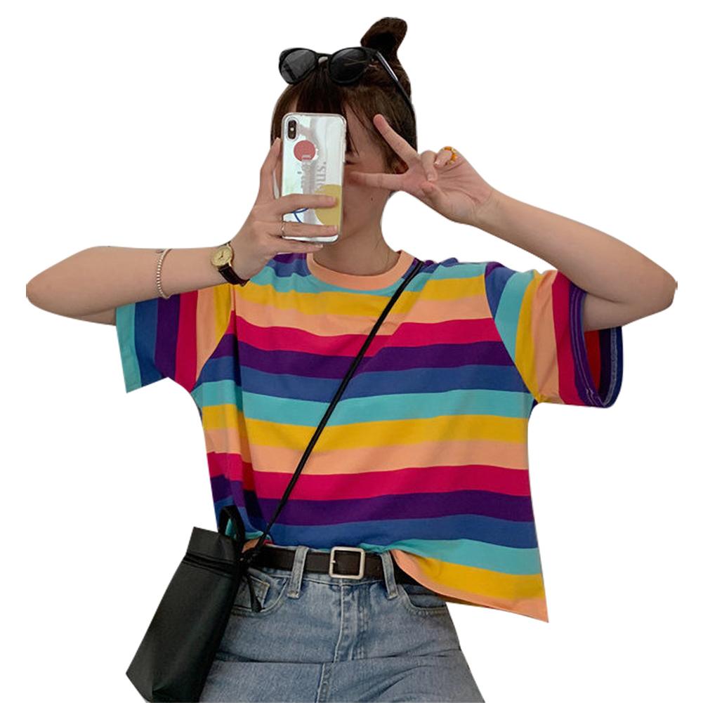 T Shirt Women Rainbow Striped Looss O-Neck Casual Harajuku Tshirt Short Sleeve Korean Fashion Camiseta Feminina Top T-shirt