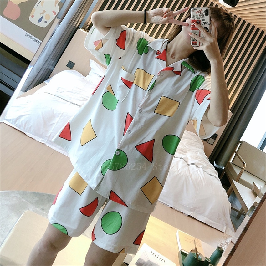 2021 New Short Sleeve Pajamas Set for Women Cotton Sleepwear 2Pcs Nightwear Cute Print Homewear Summer Lounge Pyjamas