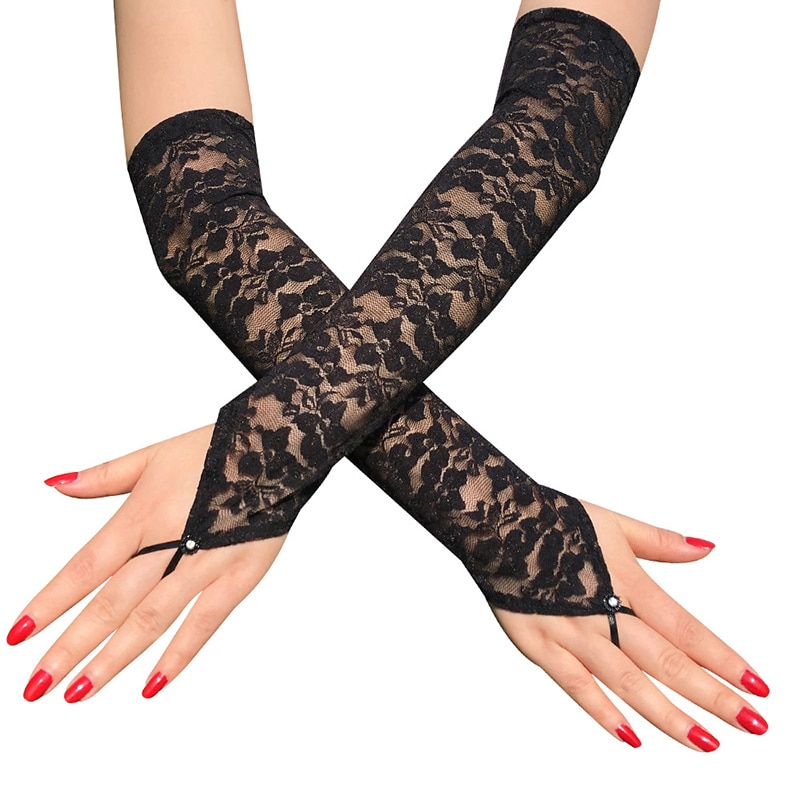 1Pairs Sexy Dress Party Lace Glove Women Solid Floral Print Fingerless Gloves Stretch Arm Elbow Gloves Summer Sunscreen Mittens