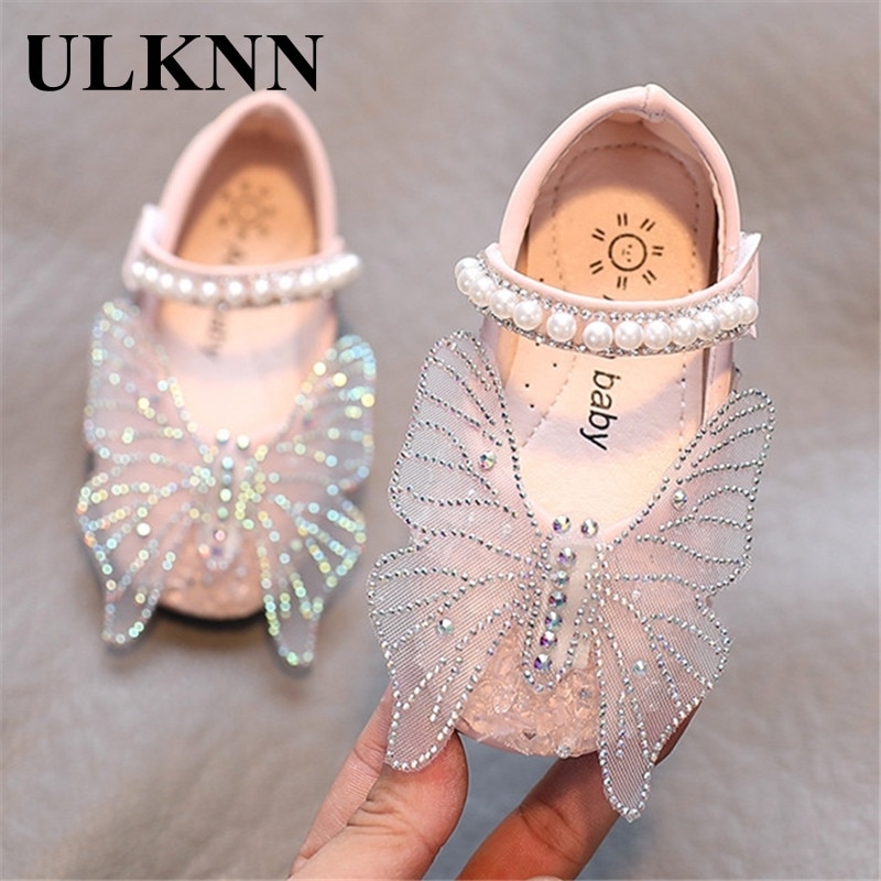 ULKNN Toddlers Baby Girls Shoes Kids Leather Shoes For Wedding Party Performance Lace Butterfly Rhinestone Bling Pearls Beading