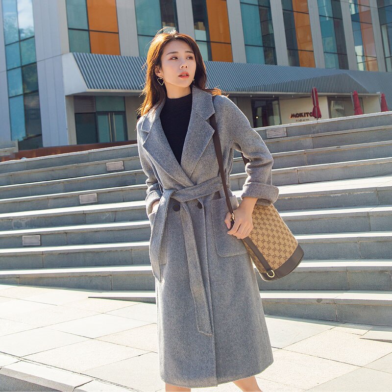 2020 Women Woolen Coat Elegant Turn Down Collar Women Long Woolen Coat Dark Gray Design Winter Warm Coat Casaco Feminino K503