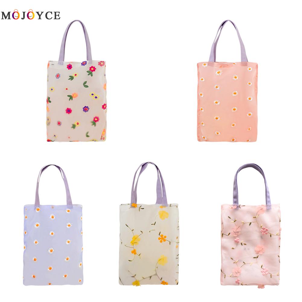 Women Flower Embroidery Handbag Organza Totes Mesh Transparent Female Travel Holiday Beach Shopping Bag Female Organza Totes