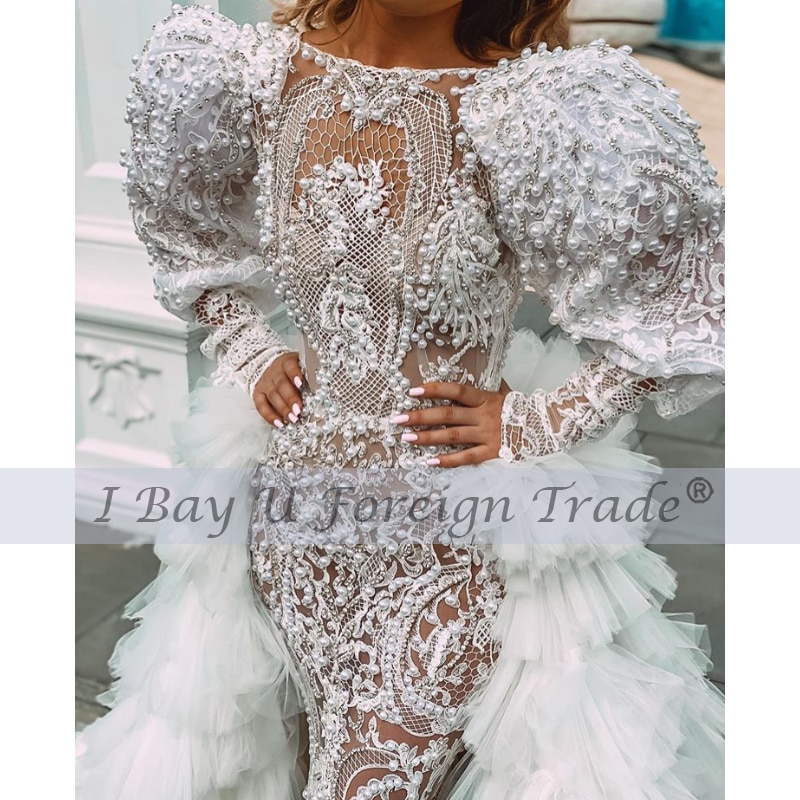 Luxury Mermaid Wedding Dress 2021 Puffy Shoulder Long Sleeves Pearl Beaded Lace Appliques Beaded Bridal Gowns Robe De Mariée