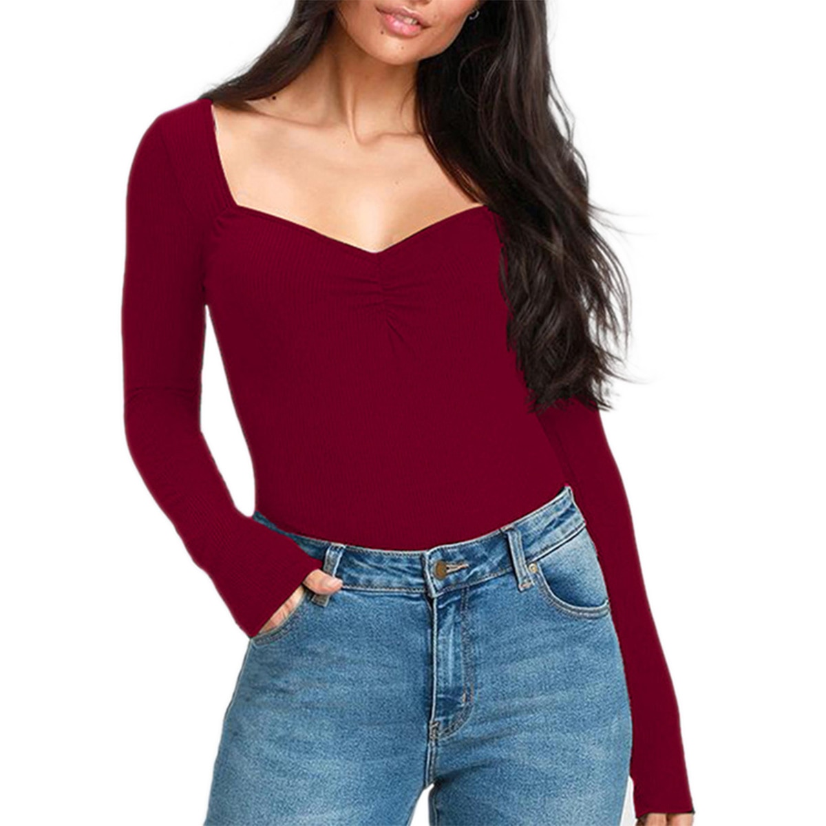 Female Jumpsuit Solid Color V-Neck Long Sleeve T-Shirt Women’ s Tops(Black/Wine Red, S/M/L/XL)