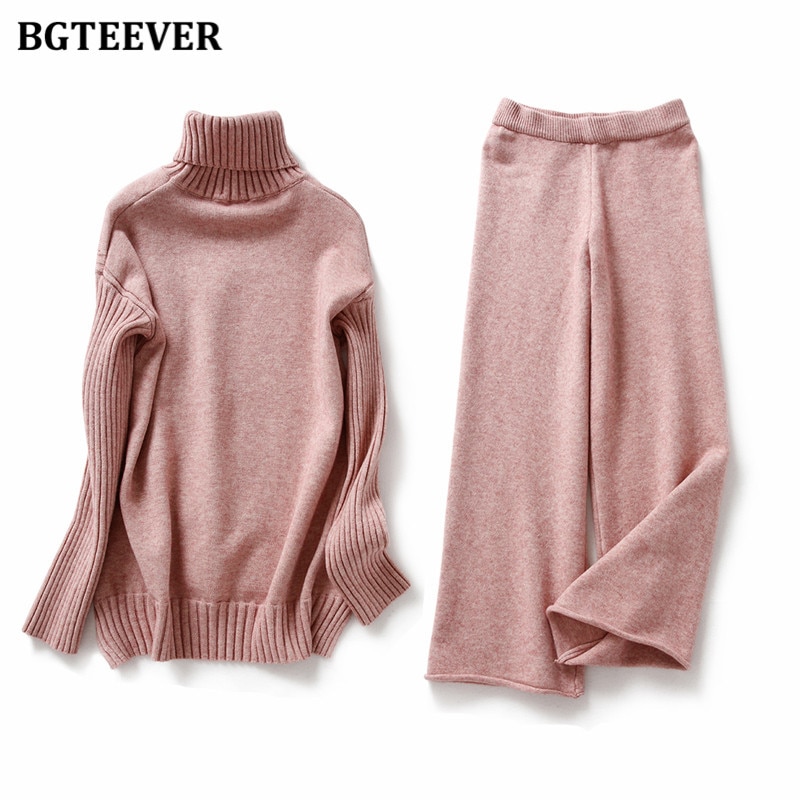 BGTEEVER Autumn Winter Thicken Knitted 2 Pieces Set Women Turtleneck Pullover Sweater & Wide Leg Pants 2020 Sweater Set Female