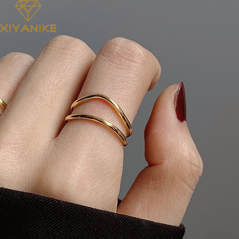 XIYANIKE 925 Sterling Silver Charm Rings for Women Couples New Fashion Gold Plated Double-layered Curve Party Jewelry Gifts