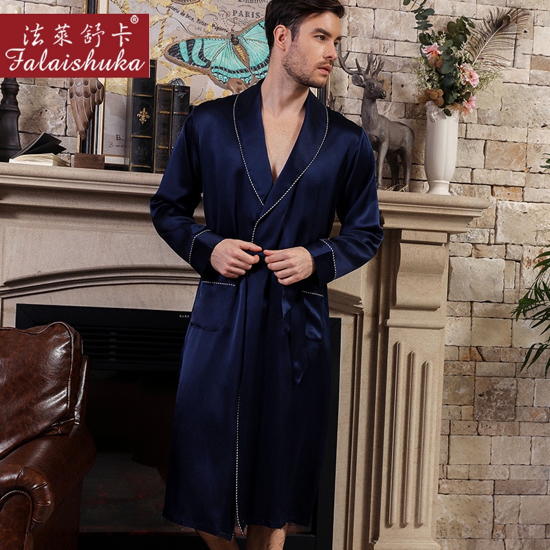 Real Silk Bathrobe Male Spring Autumn Satin Silk Long-Sleeve Simple 100% Natural Silk Men Sleeping Robes Homewear S5626