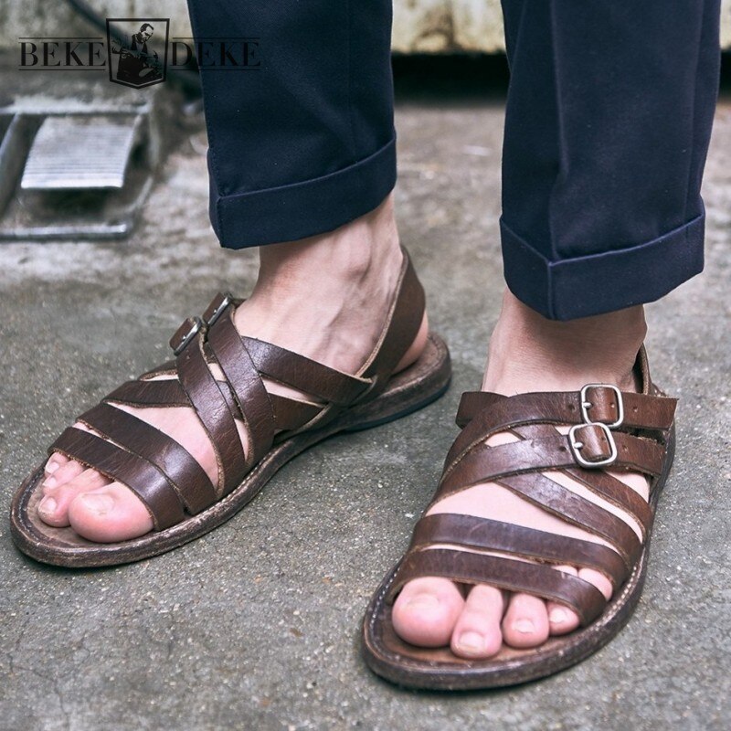 Handmade Vintage Weave Summer Men Sandal Buckle Strap Gladiator Cowhide Genuine Leather Shoes Outside Flat Mens Roman Sandals