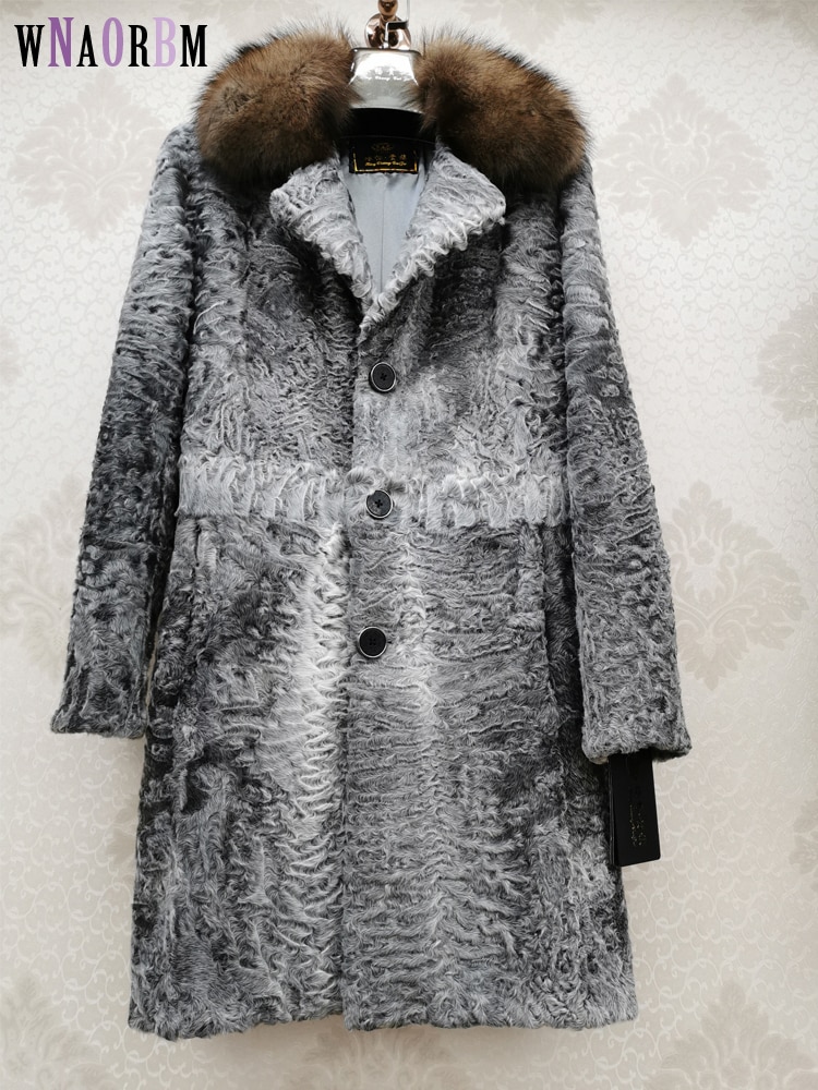 latest luxury high-end customized natural Karakul Sheep Fur coat Wild Mink Collarreal fur men's coat Sheepskin coat Silk lining