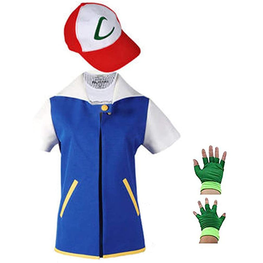 Pokemon Ash Ketchum Cosplay Women and Men Anime Blue Jacket Hat Gloves Sets Kids Adult Ketchum Party Pokemon Halloween Costume