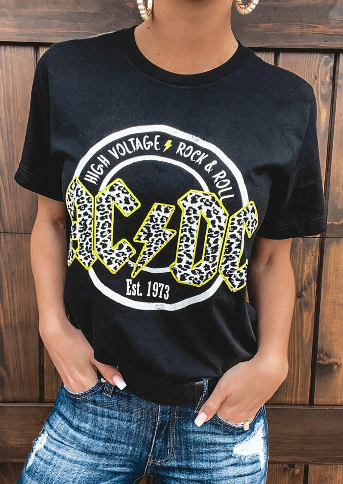 AC DC Leopard Printed Rock & Roll T-Shirt Tee Black Women Clothing Short Sleeve Top Tees Female Casual Print Top O-Neck Lady