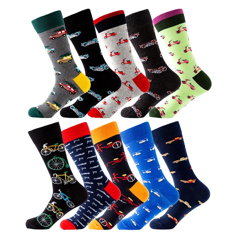 Men Happy Cotton Socks Transportation Design Crew Socks Bicycle Motorcycle Car Helicopter Embroidery Male Socks Skateboard Socks