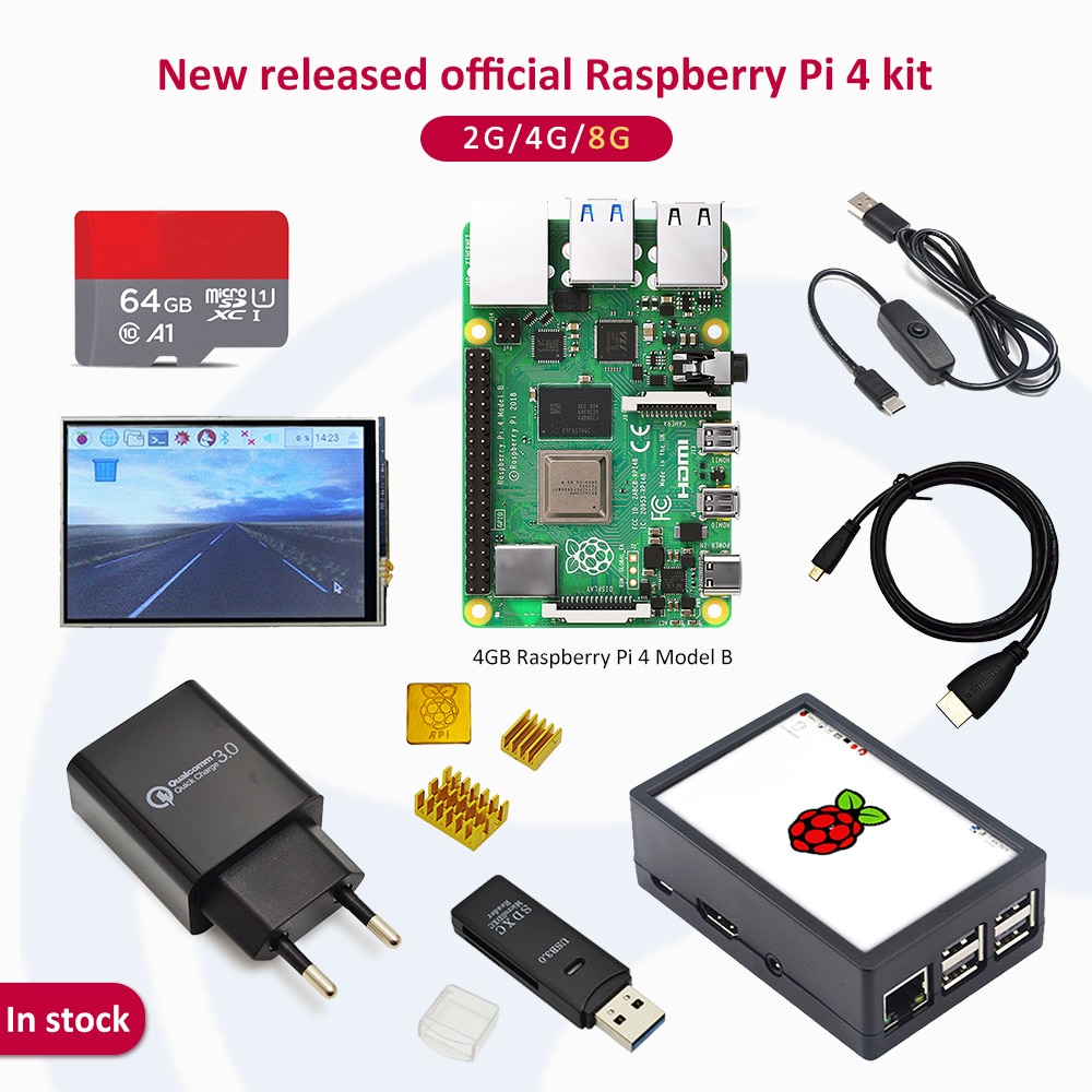 In stock Raspberry pi 4 2GB/4GB/8GB kit Raspberry Pi 4 Model B PI 4B: +Heat Sink+Power Adapter+Case +3.5 inch screen
