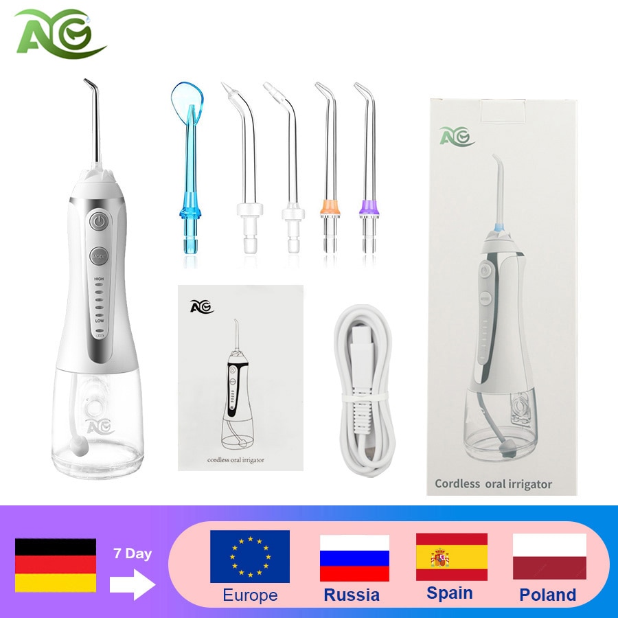 AG portable 5 Modes Oral Irrigator usb rechargeable water flosser Dental Water Jet 300ML IPX7 Waterproof Teeth Cleaner+5 Jet