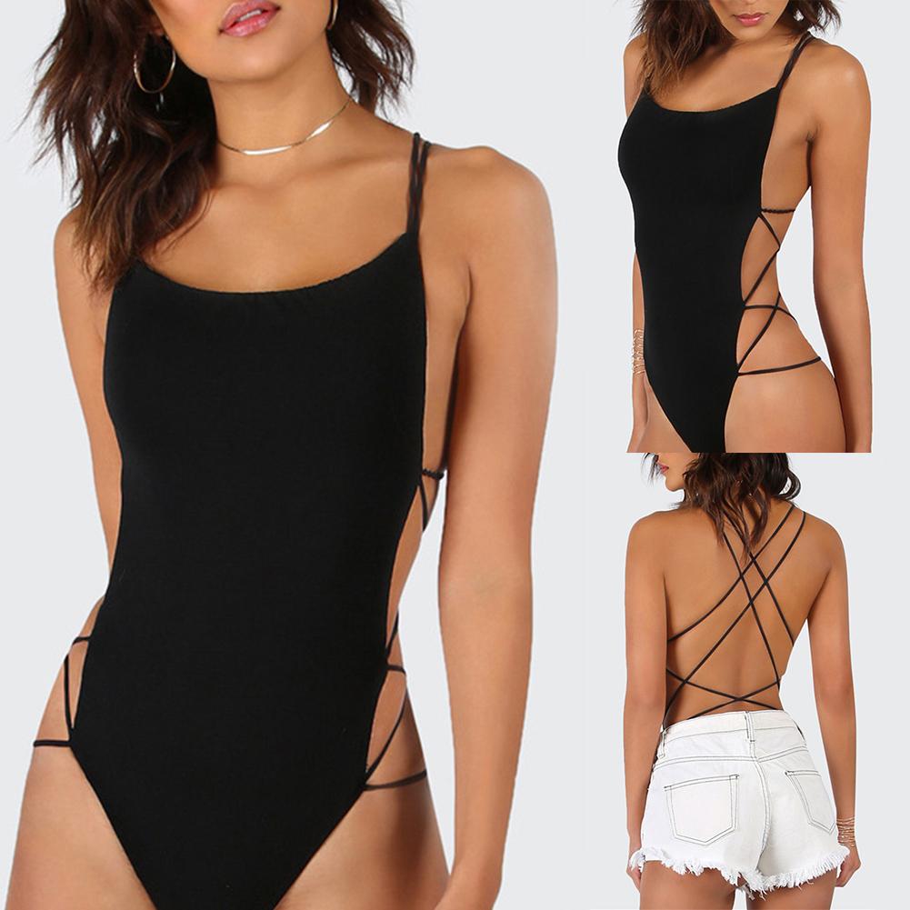 2020 Sexy Strappy Backless Women Solid Color Monokini Swimwear Bodysuit