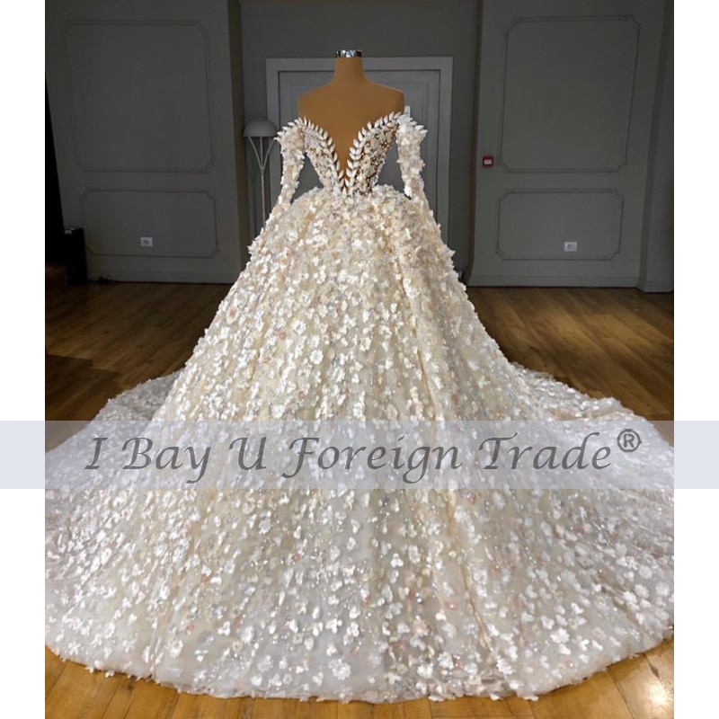 Robe De Mariee Princess De Luxe 2020 Beading Full 3D Flower Luxury Lace Ball Gown Personal Tailor Wedding Dress Off the Shoulder