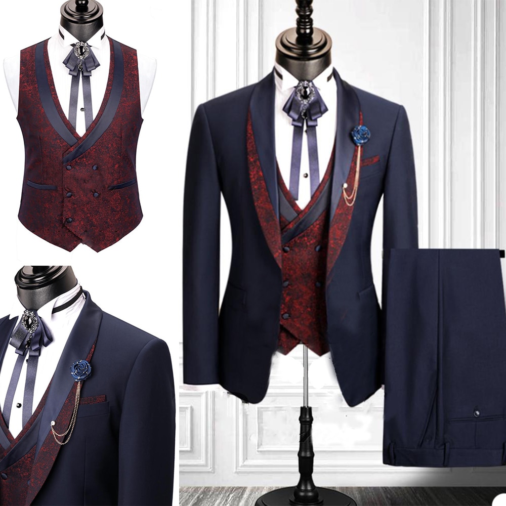 Formal Wedding Men Suits One Button Three Pieces Shawl Lapel Gold Mens Custom Made Designer Wedding Tuxedos (Jacket+Coat+Pants)