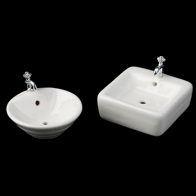 Square Dollhouse Bathroom Sink 1:12 Miniature Ceramic Wash Basin Bathroom Sink Model Simulation Accessory for Dollhouse White