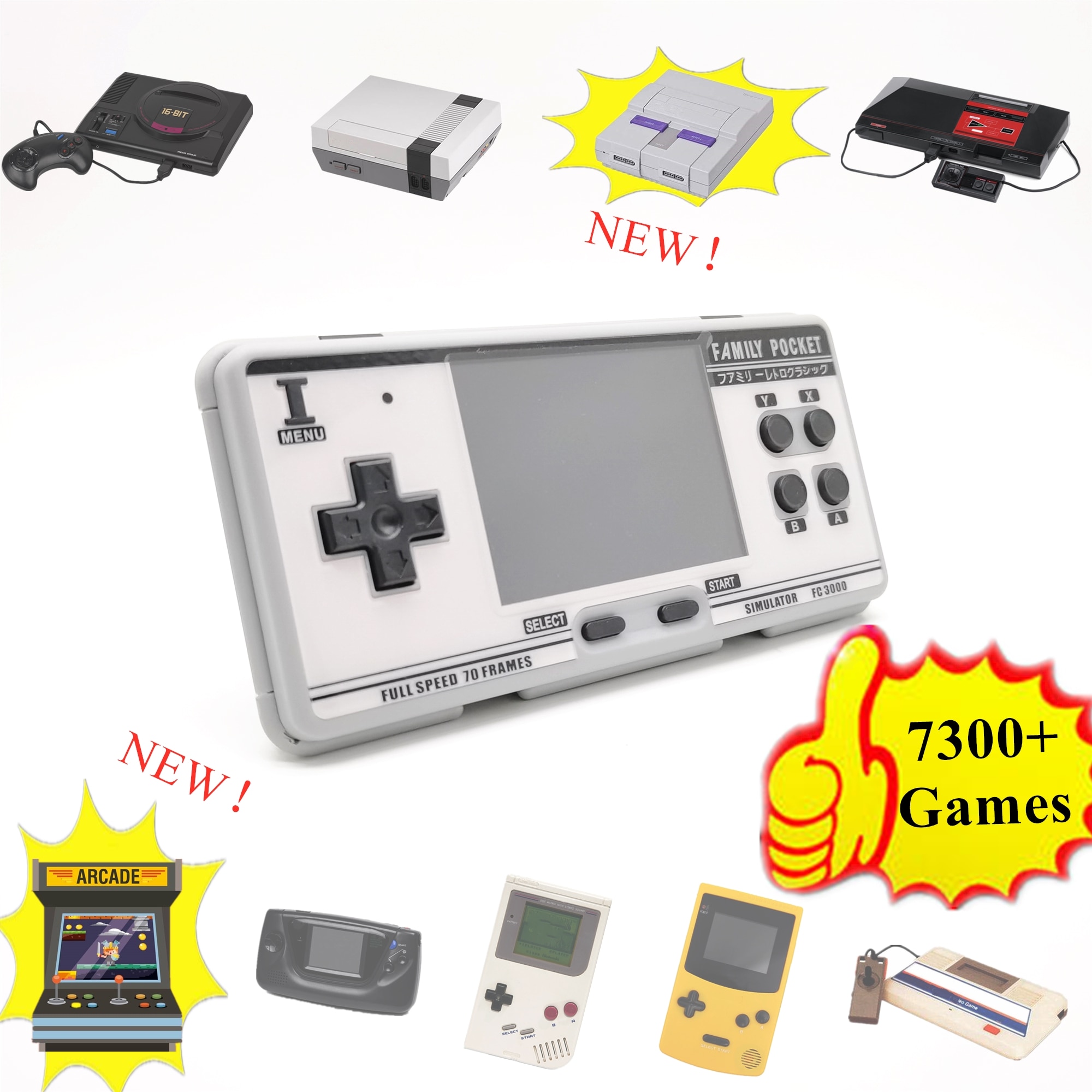 New! Retro Handhled Game Console Portable Game Player with 10 Emulators 7300 Games for Nes For Genesis Support Save&Load