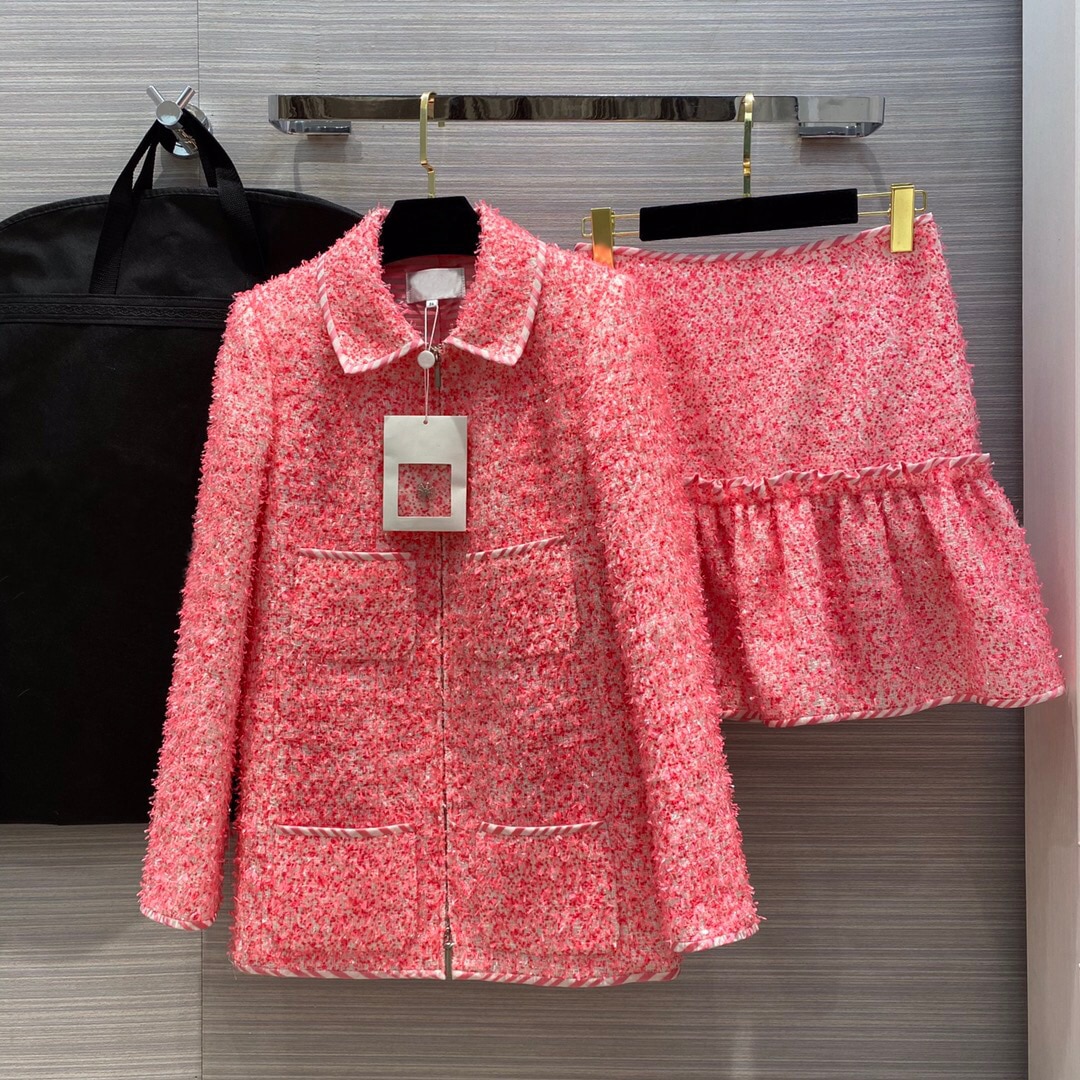 top quality elegant vintage tweed 2 piece set women pink tassel woven lapel zipper jacket with pleated skirt suit sweet outfit