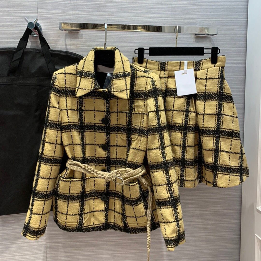 top quality silk & wool blends tweed 2 piece set women contrast plaid woven jacket with a-line mini skirt suit retro outfit