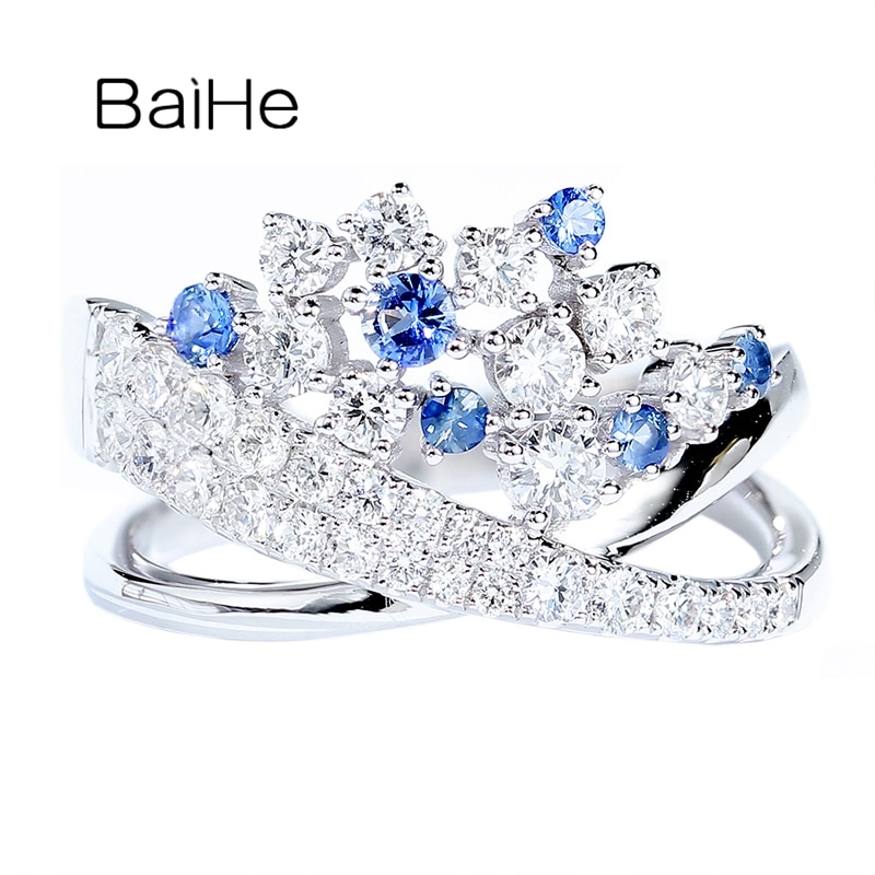 BAIHE Solid 14K White Gold 0.18ct Natural sapphirs 0.75ct Natural Diamonds Fine Jewelry Wedding Gift Trendy sapphirs Ring Women