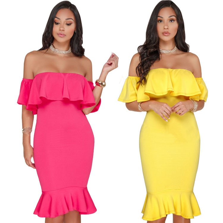 Popular 2019 Women's Dress European and American Solid Color Sexy Air Layer Ruffles Large Size Dress