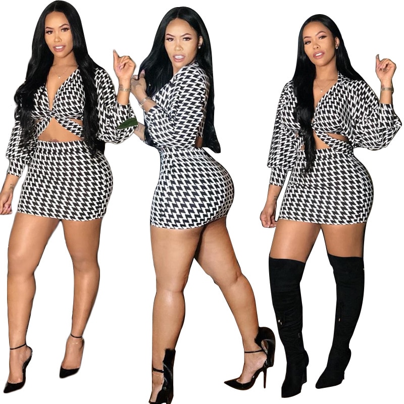 Lazada Independent Station 2019 Summer New Casual Houndstooth Printed Short Skirt Two-Piece Suit Large Size Dress