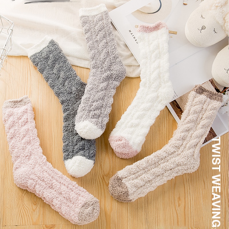 SVOKOR Coral Fleece Winter Mid Socks Warm Cold Resistance Plus Velvet Thick Socks Kawaii Candy Color Cotton Floor Sleep Socks