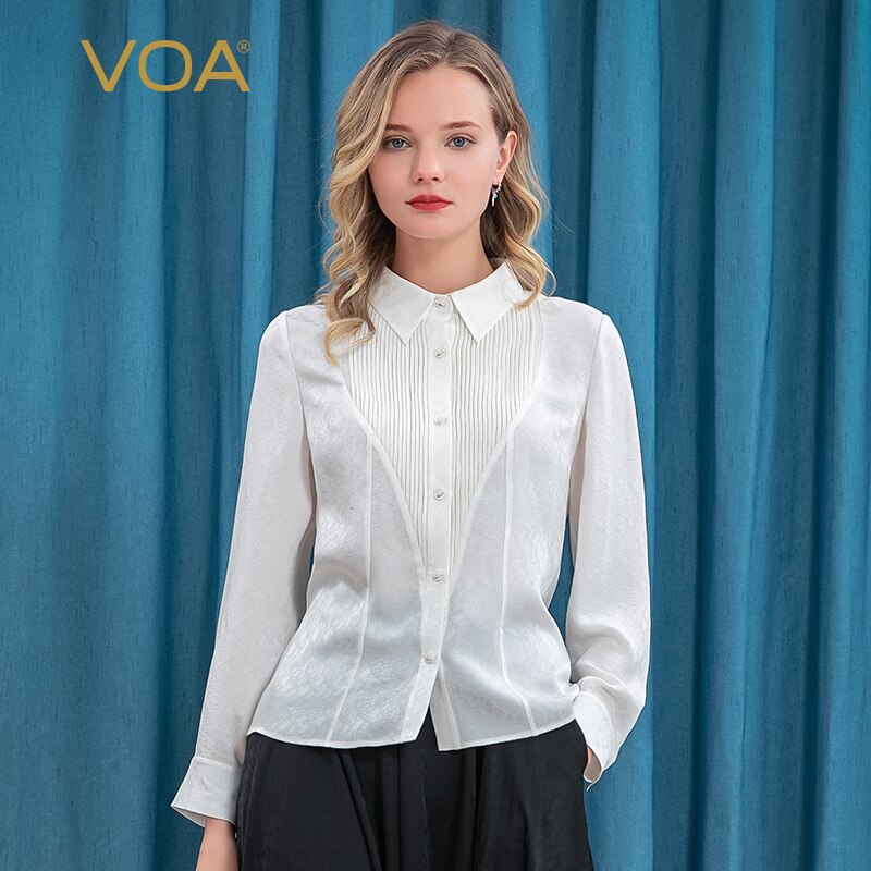 VOA Silk Dark Pattern Pointed Collar Peach Shaped Organ Pleats Single Breasted Sleeved Commuter Straight White Shirt OL BE166