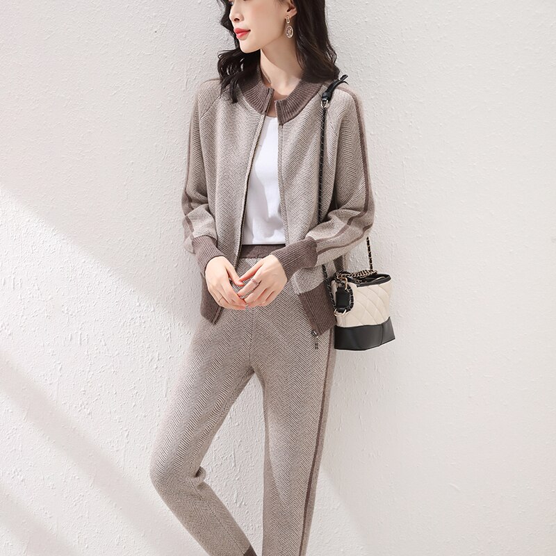 20 Autumn and winter ladies 100% wool suit long-sleeved knitted cardigan cashmere sweater comfortable and warm two-piece suit