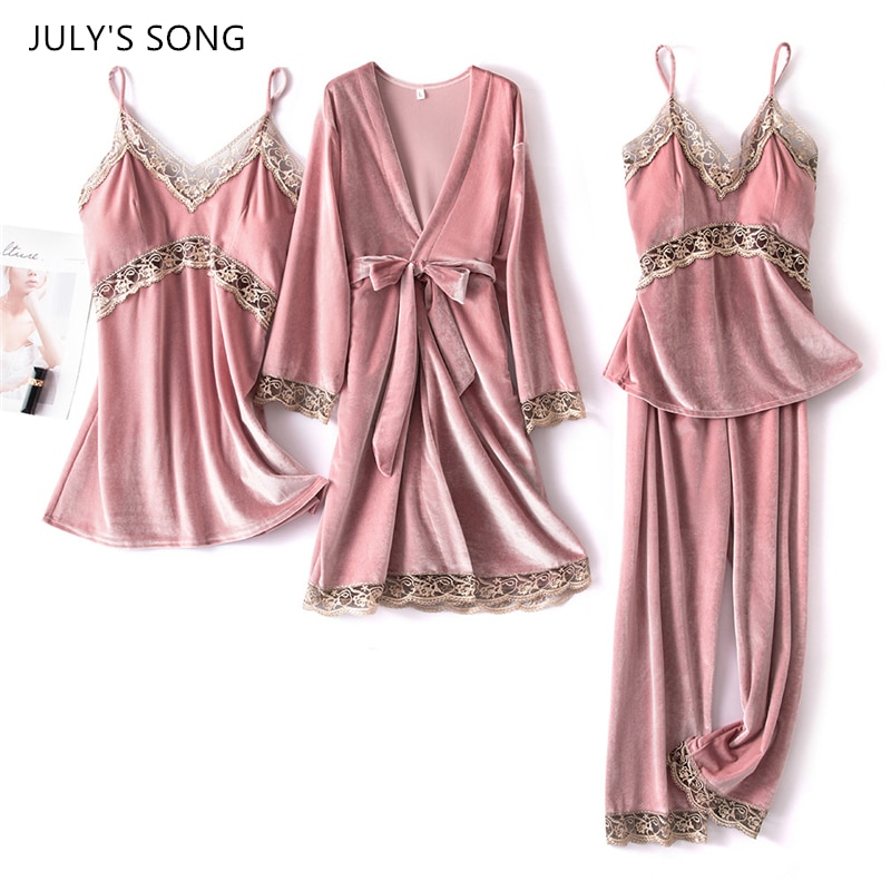 JULY'S SONG New Women Velvet 4 Pieces Pajamas Sets Sling Sexy Lace Sleepwear Winter Autumn Pyjama With Chest Pad Wine Red Robe