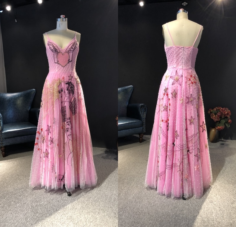 2021 вечерние платья Real Picture Rose Pink Heavy Beads V-neck A-line Floor-Length Prom Party Bridal Dancing Evening Dresses