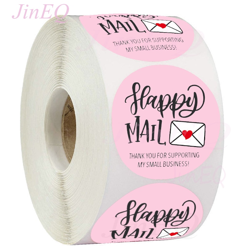 500pcs Pink Happy Mail Label Stickers Round Thank you Stickers for small Business Mailing Supllies Packaging Sealing Stickers