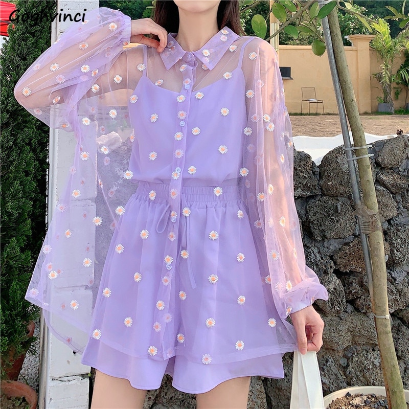 Women Sets Chic Purple Korean Sweet Summer Sun-proof Teens 3 Piece Set Floral Long Sleeve Blouse Chic High Waisted Womens Shorts