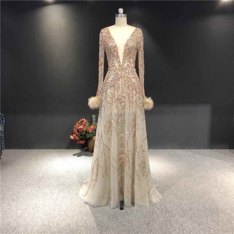 2021 Champagne вечерние платья 100% Real Pictures Heavy Beads Long Sleeves V-neck Floor-Length Prom Party Bridal Evening Dresses