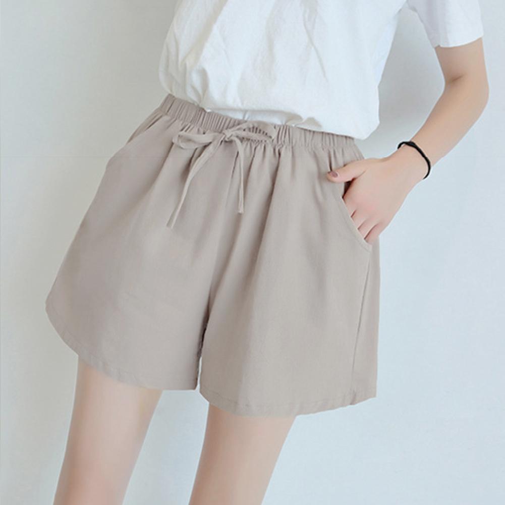 2020 Women Casual Solid Color High Waist Drawstring Pockets Elastic Cotton Shorts Summer Casual Women Shorts