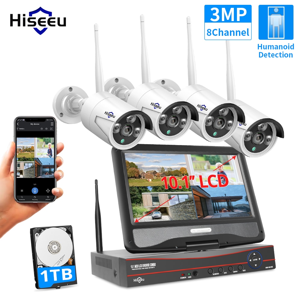 Hiseeu 8CH 3MP 1536P Wireless Security Cameras Kit Outdoor Waterproof 1080P 2MP IP Camera CCTV System Set with 10.1" Monitor NVR