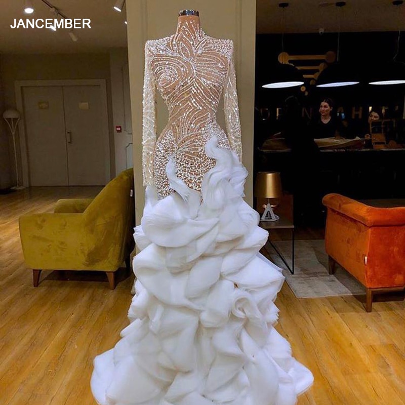 J67115 White Jancember Celebrity Dress 2020 Sequined A-Line Beading Lace Up High Neck Tiered New المشاهير فساتين платья вечерные