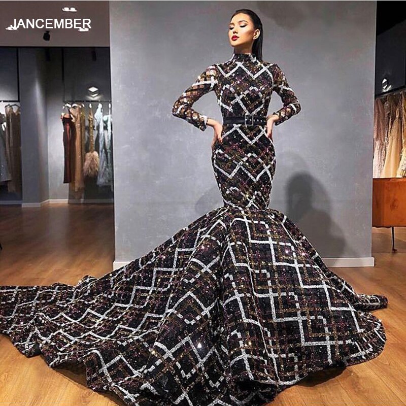 J67018 jancember mermaid evening dress with lace high neck floor length ruched pleat pattern party long dress robe longue soiree