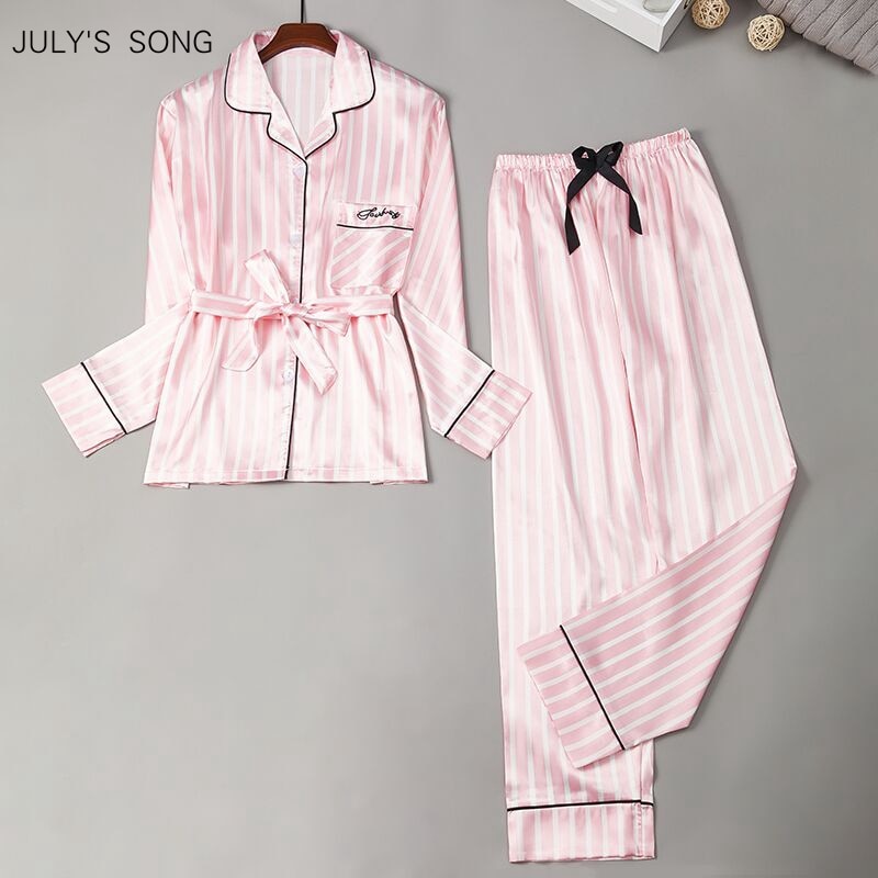 JULY'S SONG 2020 New Faux Silk Women Pajamas Set 2 Pieces Satin Stripes Polka Dot Printed Sleepwear Long Sleeves Autumn Homewear