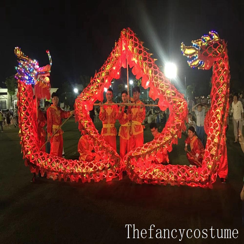 Silk Fabric sizeMascot costume 5 Led lights 10m 8 student Chinese DRAGON DANCE stage prop parade Folk Festival Costume