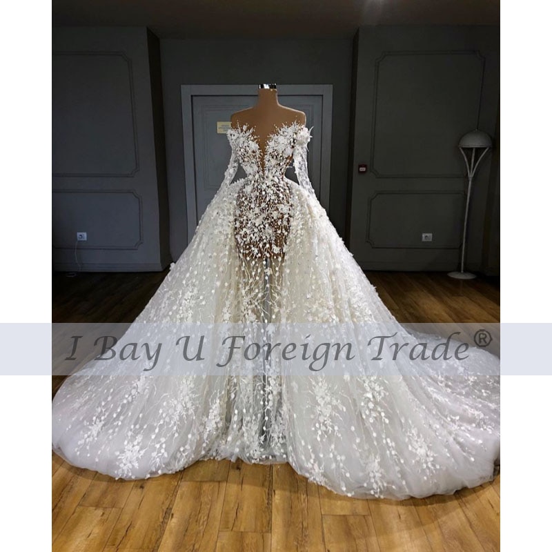 Luxury 3D Flower Mermaid Wedding Dress 2021 Full Pearl Beading Elegant Bridal Gown Detachable Train Plus Size vestido de noiva